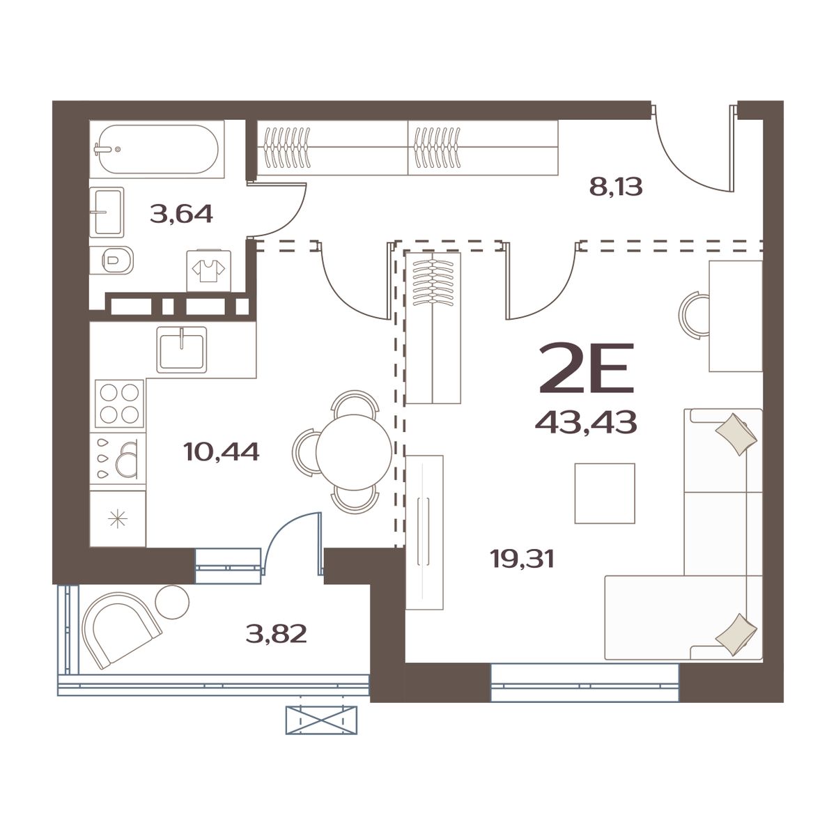 ЖК Меридианы Улисса, 1-комн кв 43,43 м2, за 6 416 000 ₽, 1 этаж